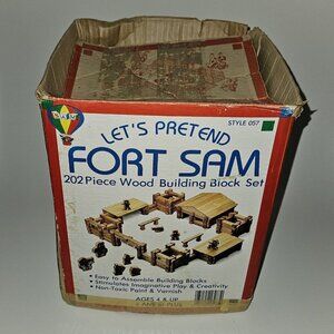 VTG Fort Sam Let's Pretend Wood Building Block Set Cavalry Indians ~ 101 Pieces